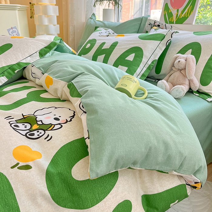 91家纺网 家纺一手货源 找家纺 宜家坊 2024新款ins小清新磨毛印花四件套 奶绿小狗( 有小三件套 )