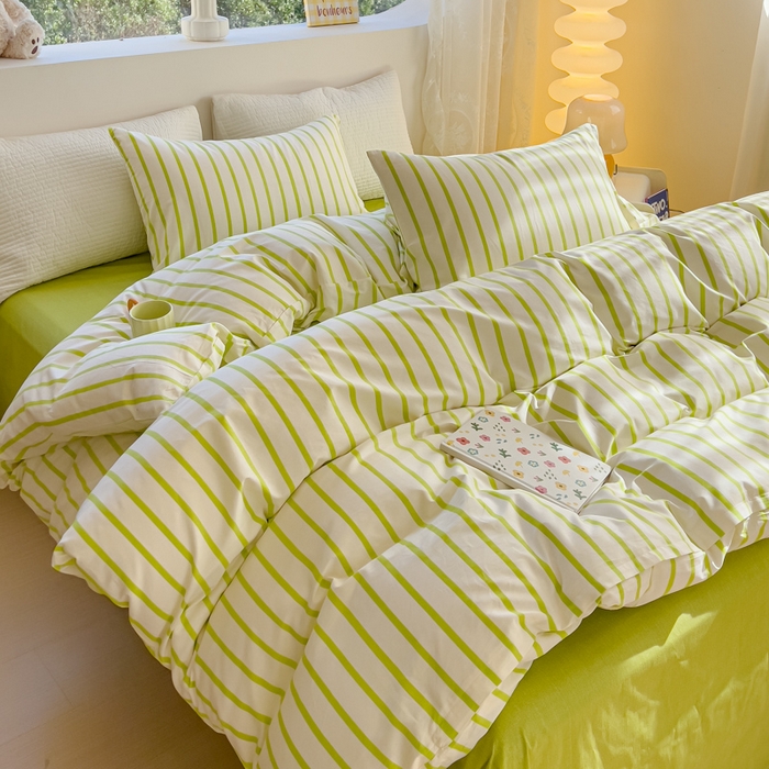 91家纺网 家纺一手货源 找家纺 感遇家纺 2024春夏新品全棉卡通印花四件套-第一批 抹茶条纹