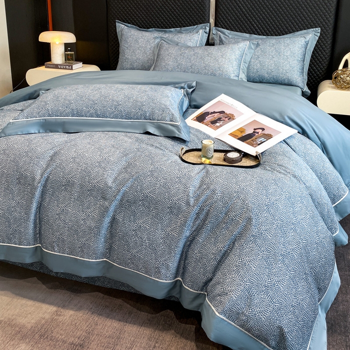 91家纺网 家纺一手货源 找家纺 魅都100s长绒棉数码印花大拼角轻奢四件套 蓝