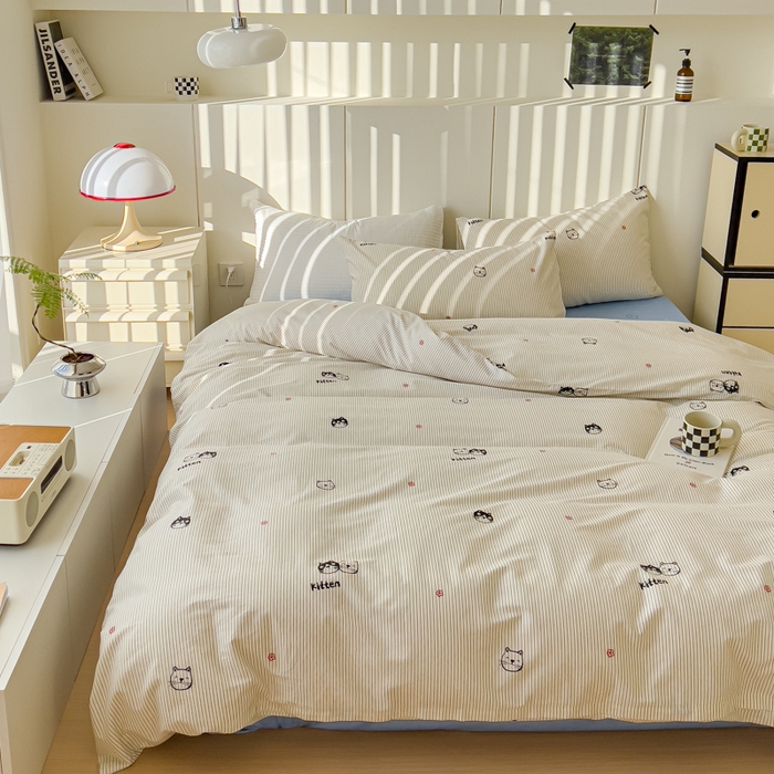 91家纺网 家纺一手货源 找家纺 感遇家纺 2024春夏新品全棉卡通印花四件套-第二批 黑白猫咪