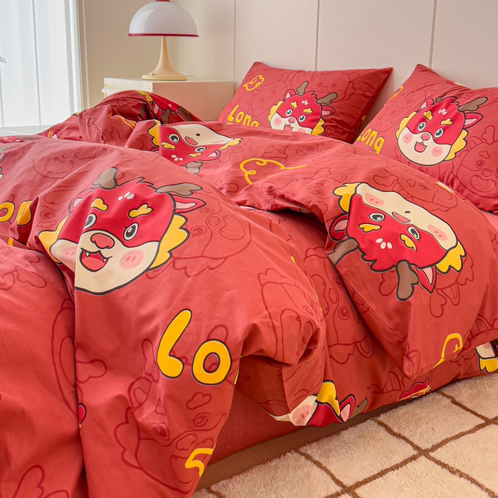 91家纺网 家纺一手货源 找家纺 感遇家纺 2024春夏新品全棉卡通印花四件套-第二批 喜庆龙