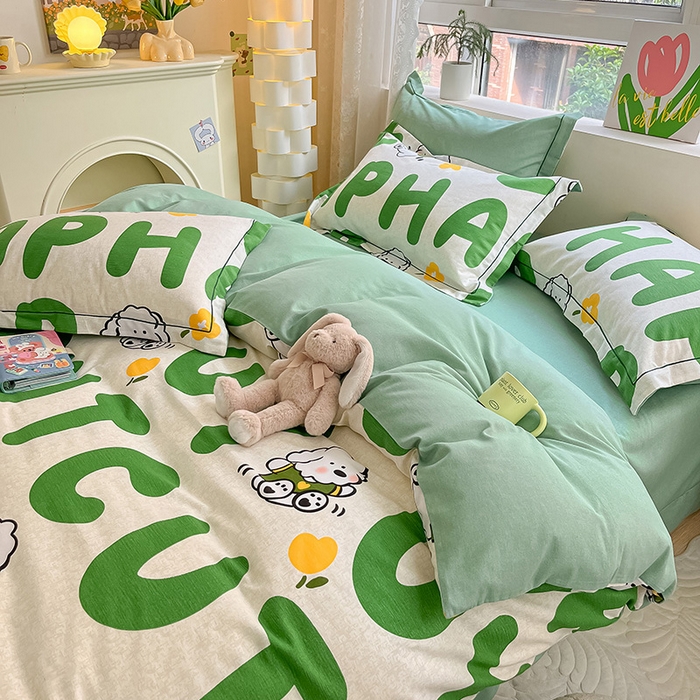 91家纺网 家纺一手货源 找家纺 宜家坊 2024新款ins小清新磨毛印花四件套 奶绿小狗( 有小三件套 )