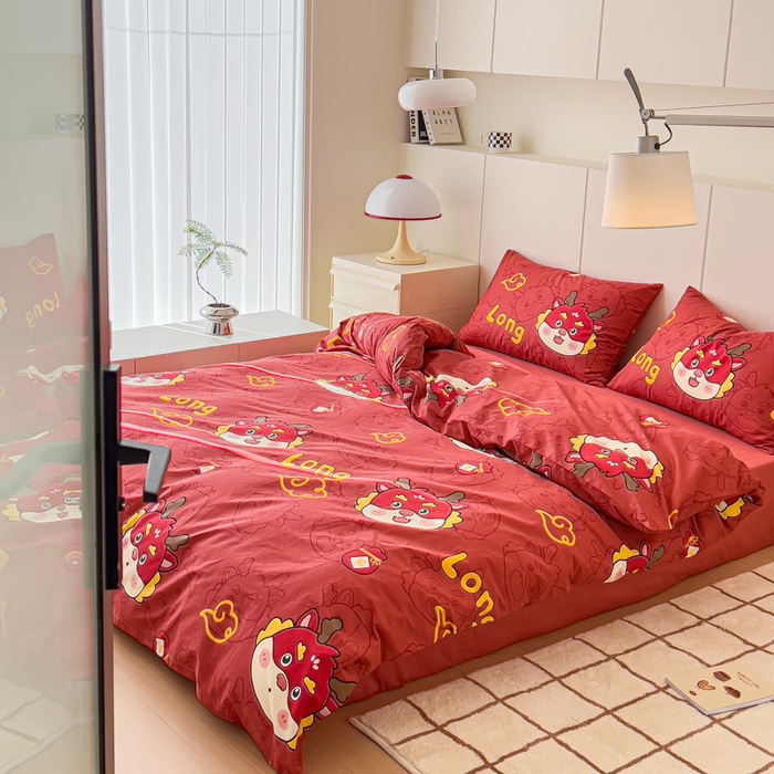 91家纺网 家纺一手货源 找家纺 感遇家纺 2024春夏新品全棉卡通印花四件套-第二批 喜庆龙