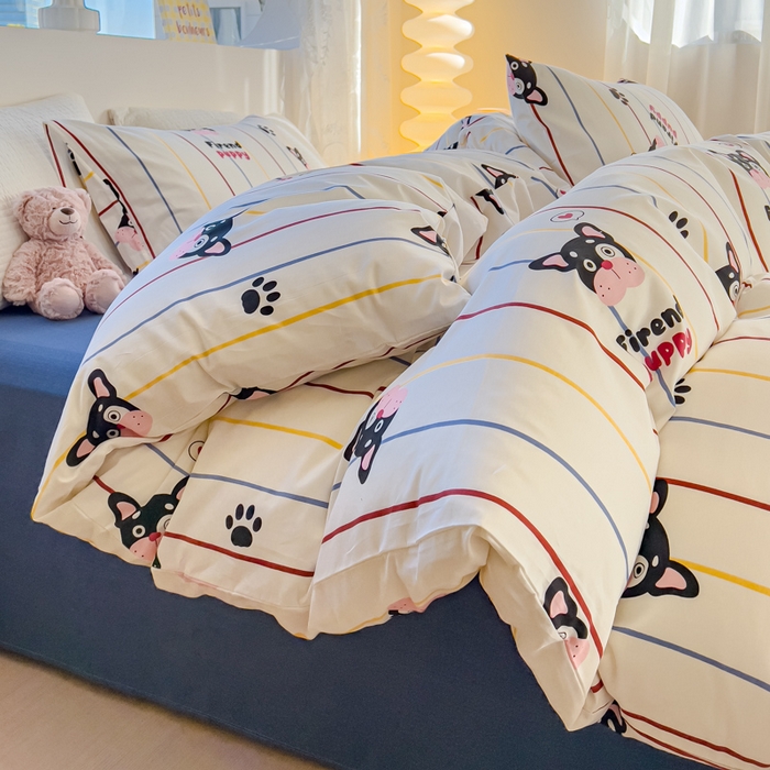 91家纺网 家纺一手货源 找家纺 感遇家纺 2024春夏新品全棉卡通印花四件套-第一批 彩虹小狗