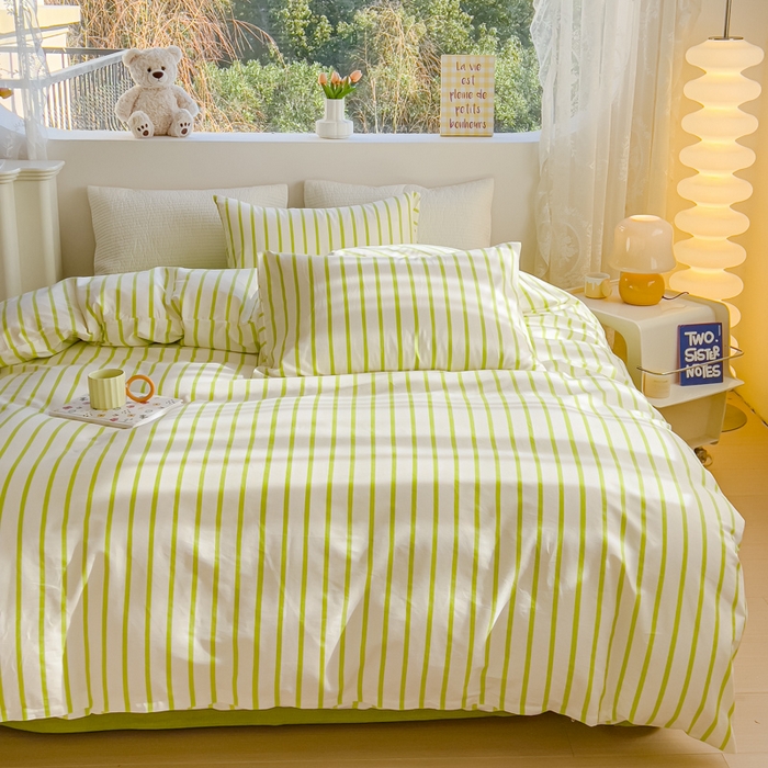 91家纺网 家纺一手货源 找家纺 感遇家纺 2024春夏新品全棉卡通印花四件套-第一批 抹茶条纹