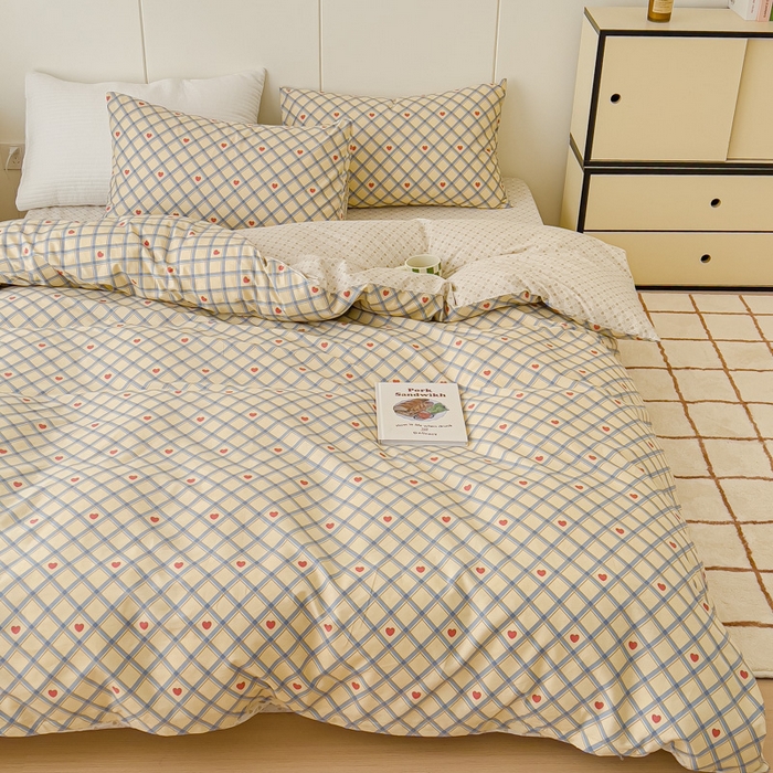 91家纺网 家纺一手货源 找家纺 感遇家纺 2024春夏新品全棉卡通印花四件套-第二批 爱心格子