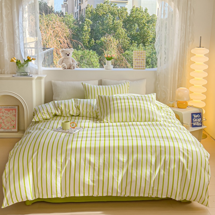 91家纺网 家纺一手货源 找家纺 感遇家纺 2024春夏新品全棉卡通印花四件套-第一批 抹茶条纹