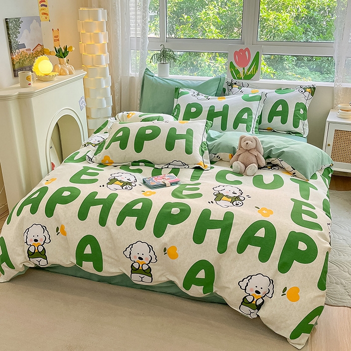 91家纺网 家纺一手货源 找家纺 宜家坊 2024新款ins小清新磨毛印花四件套 奶绿小狗( 有小三件套 )