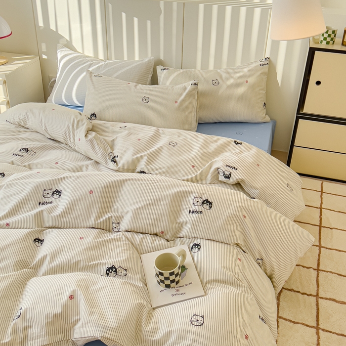 91家纺网 家纺一手货源 找家纺 感遇家纺 2024春夏新品全棉卡通印花四件套-第二批 黑白猫咪