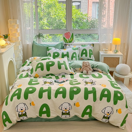 91家纺网 家纺一手货源 找家纺 宜家坊 2024新款ins小清新磨毛印花四件套 奶绿小狗( 有小三件套 )