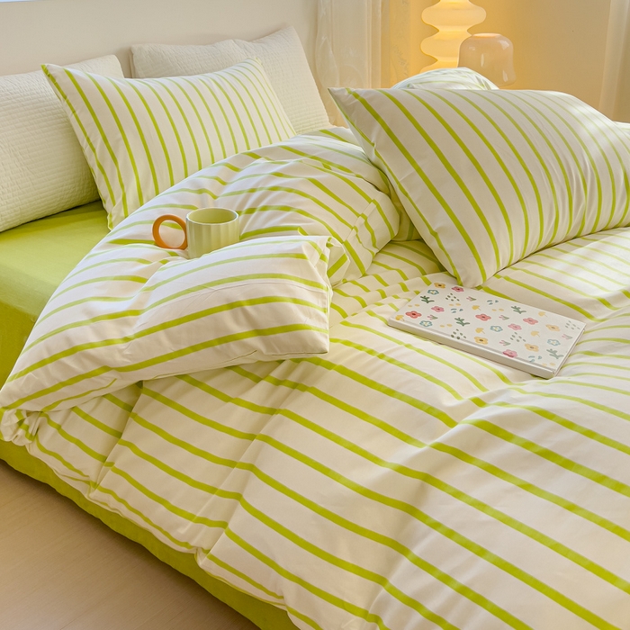 91家纺网 家纺一手货源 找家纺 感遇家纺 2024春夏新品全棉卡通印花四件套-第一批 抹茶条纹