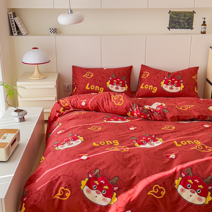 91家纺网 家纺一手货源 找家纺 感遇家纺 2024春夏新品全棉卡通印花四件套-第二批 喜庆龙