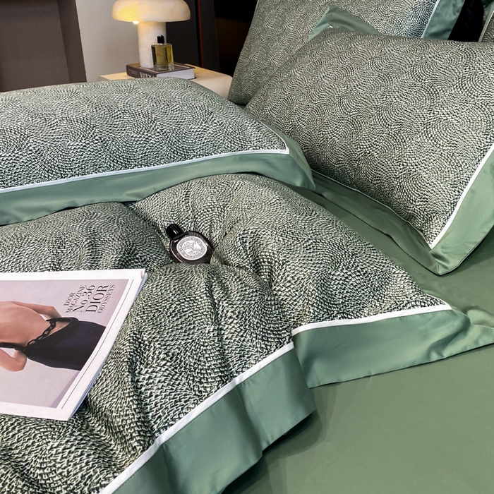 91家纺网 家纺一手货源 找家纺 魅都100s长绒棉数码印花大拼角轻奢四件套 绿