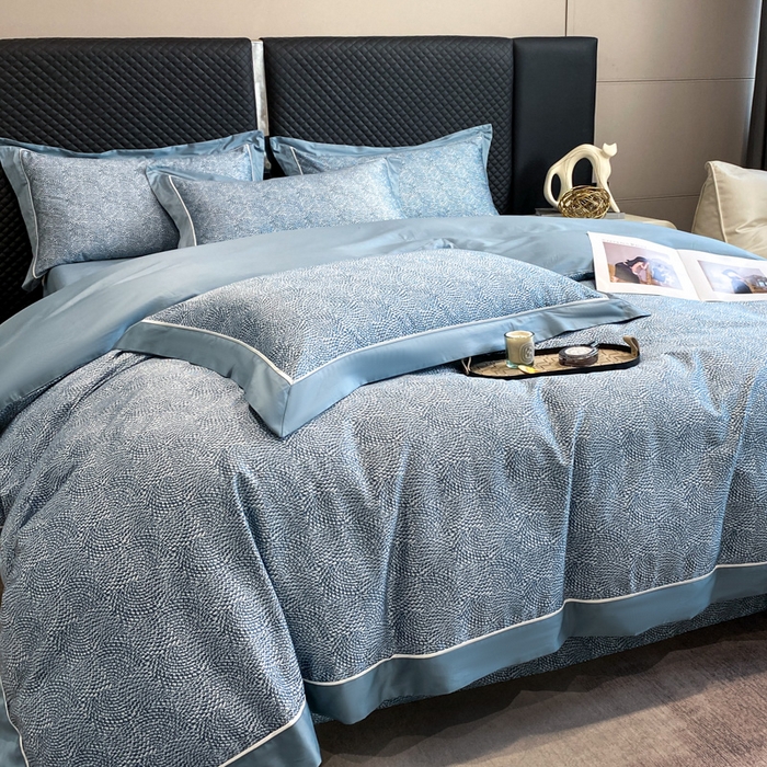 91家纺网 家纺一手货源 找家纺 魅都100s长绒棉数码印花大拼角轻奢四件套 蓝