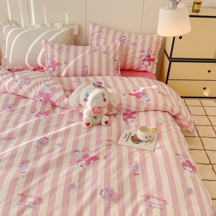 91家纺网 家纺一手货源 找家纺 感遇家纺 2024春夏新品全棉卡通印花四件套-第二批 条纹美乐蒂