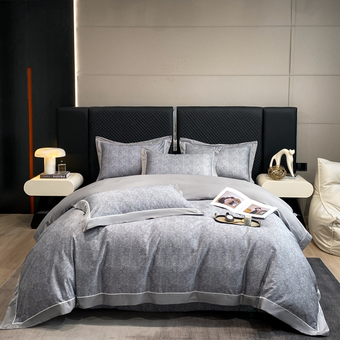 91家纺网 家纺一手货源 找家纺 魅都 100s长绒棉数码印花大拼角轻奢四件套 灰