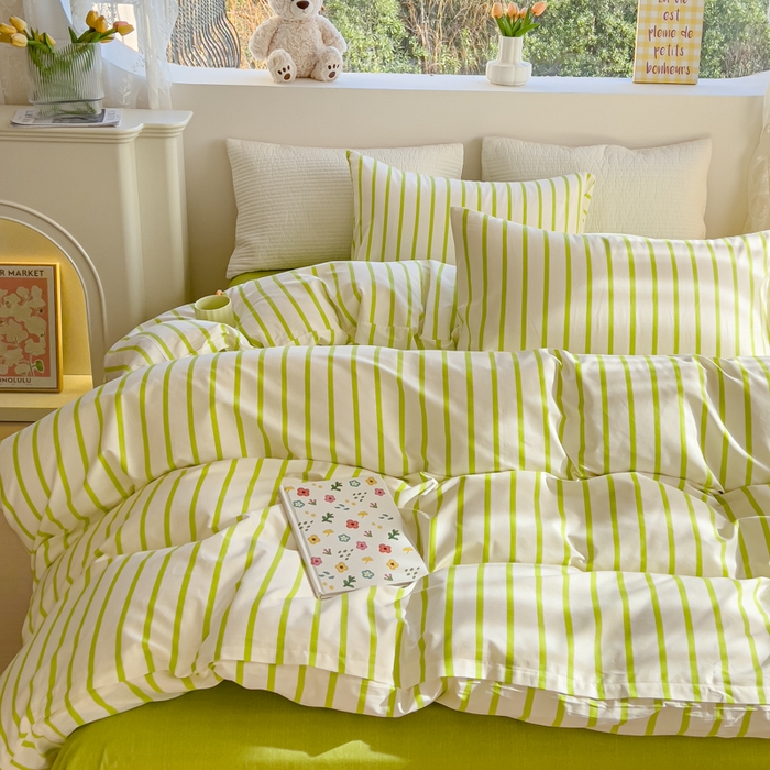 91家纺网 家纺一手货源 找家纺 感遇家纺 2024春夏新品全棉卡通印花四件套-第一批 抹茶条纹