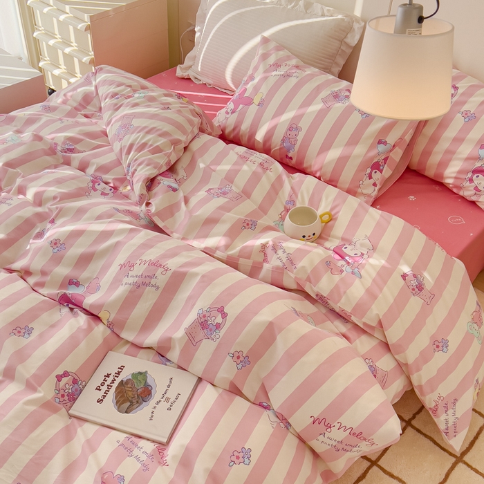 91家纺网 家纺一手货源 找家纺 感遇家纺 2024春夏新品全棉卡通印花四件套-第二批 条纹美乐蒂