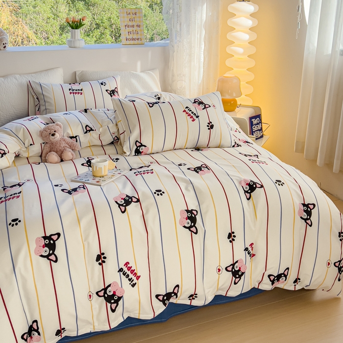 91家纺网 家纺一手货源 找家纺 感遇家纺 2024春夏新品全棉卡通印花四件套-第一批 彩虹小狗