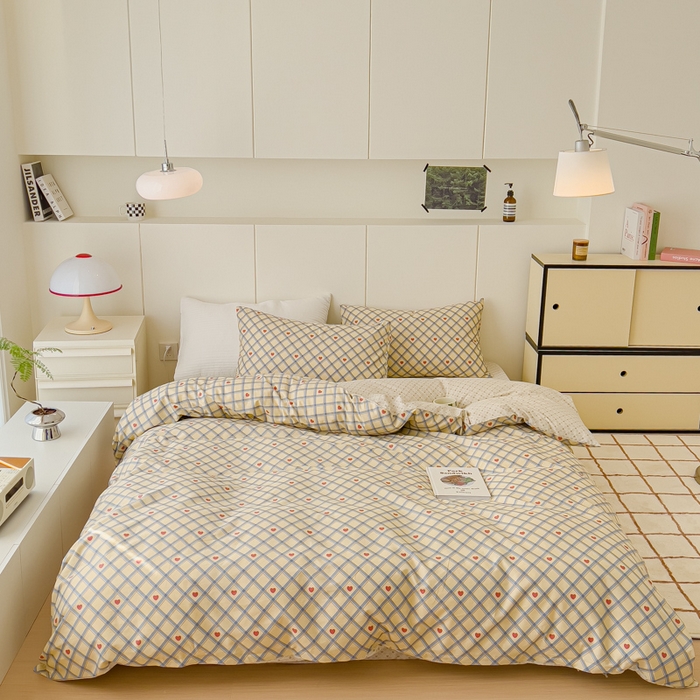 91家纺网 家纺一手货源 找家纺 感遇家纺 2024春夏新品全棉卡通印花四件套-第二批 爱心格子