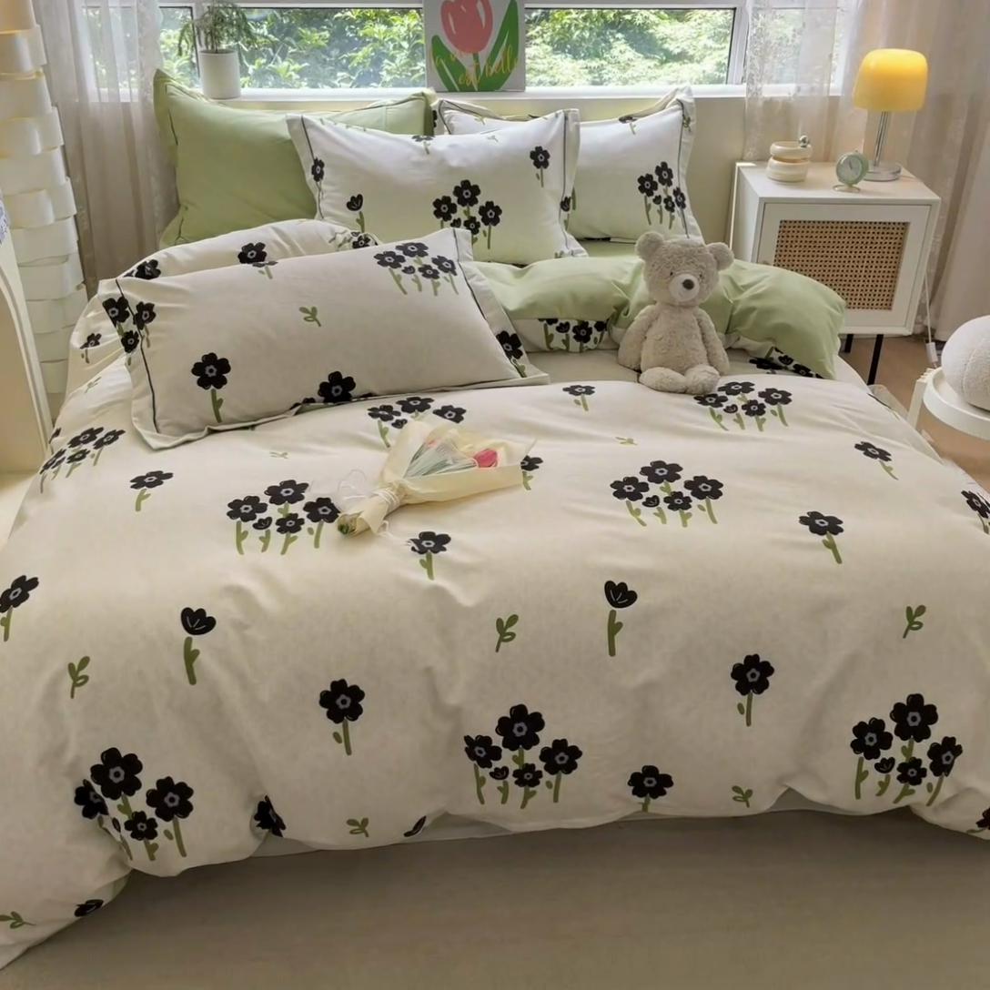 91家纺网 家纺一手货源 找家纺 宜家坊 2024新款ins小清新磨毛印花四件套 墨玉