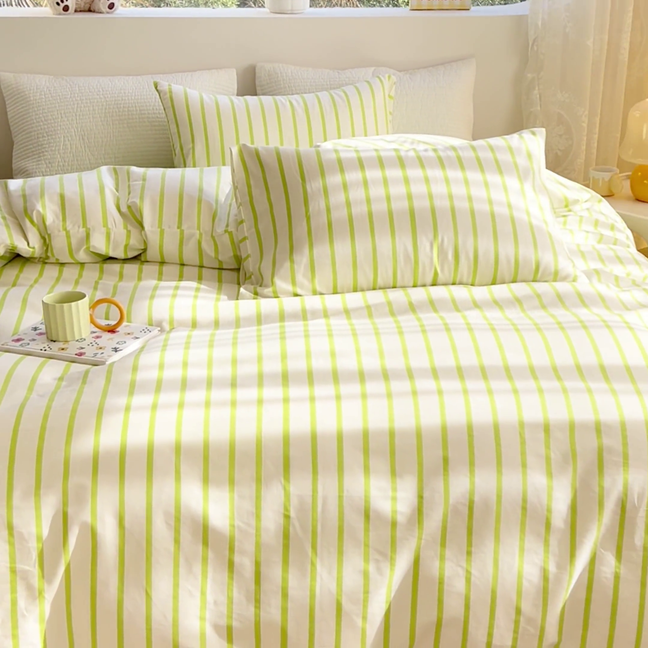 91家纺网 家纺一手货源 找家纺 感遇家纺 2024春夏新品全棉卡通印花四件套-第一批 抹茶条纹