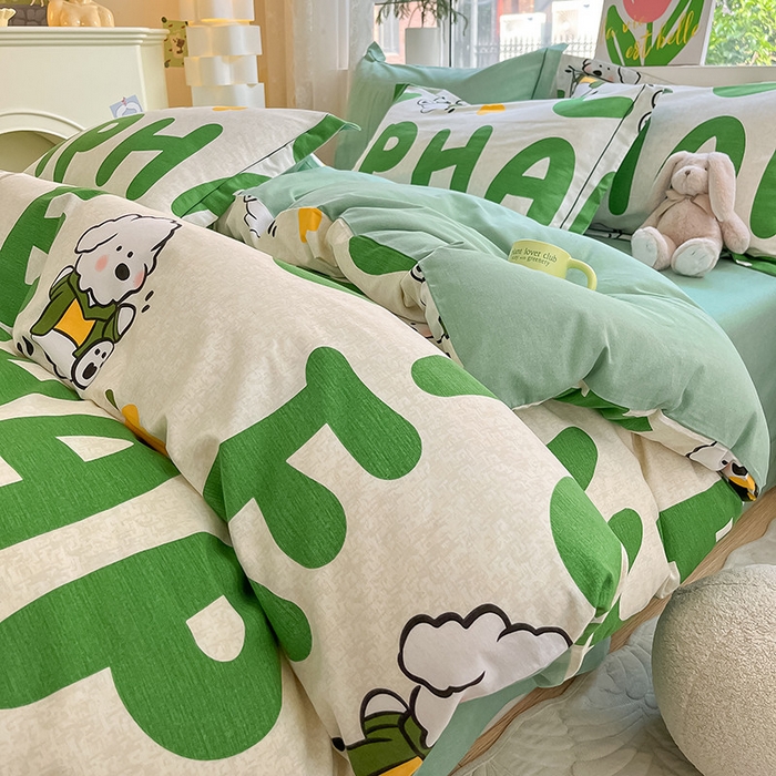 91家纺网 家纺一手货源 找家纺 宜家坊 2024新款ins小清新磨毛印花四件套 奶绿小狗( 有小三件套 )