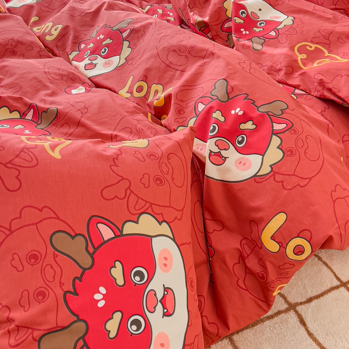 91家纺网 家纺一手货源 找家纺 感遇家纺 2024春夏新品全棉卡通印花四件套-第二批 喜庆龙