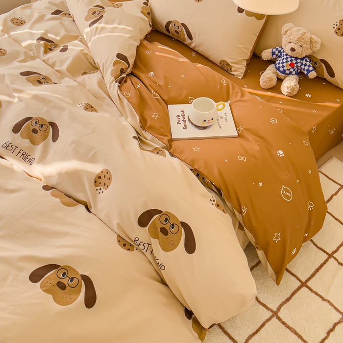 91家纺网 家纺一手货源 找家纺 感遇家纺 2024春夏新品全棉卡通印花四件套-第二批 曲奇小狗