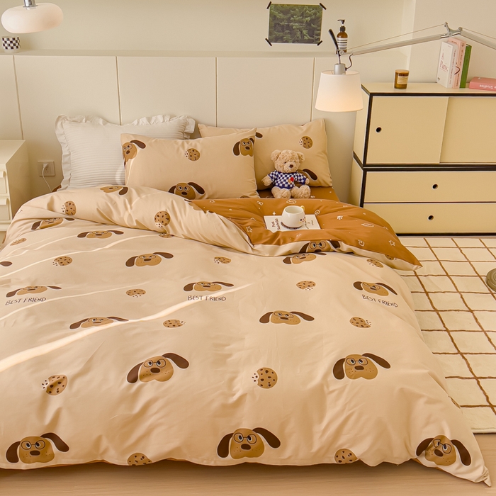 91家纺网 家纺一手货源 找家纺 感遇家纺 2024春夏新品全棉卡通印花四件套-第二批 曲奇小狗