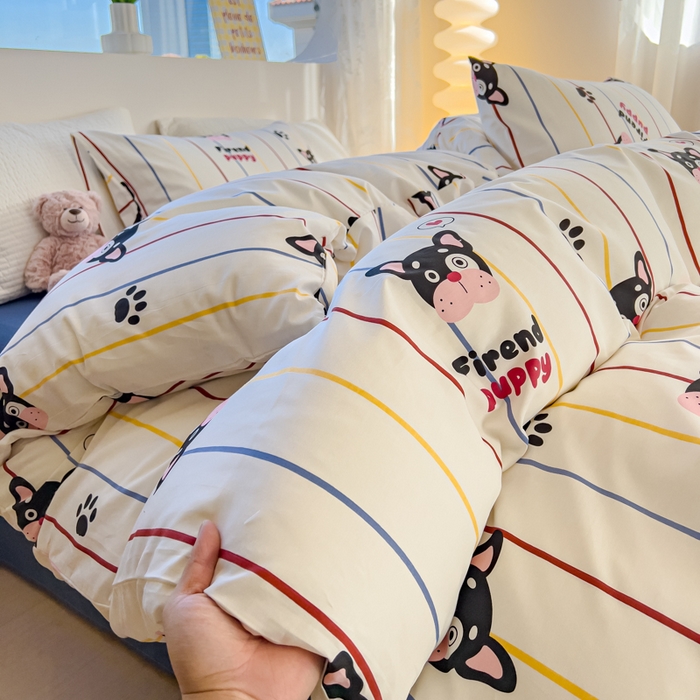 91家纺网 家纺一手货源 找家纺 感遇家纺 2024春夏新品全棉卡通印花四件套-第一批 彩虹小狗