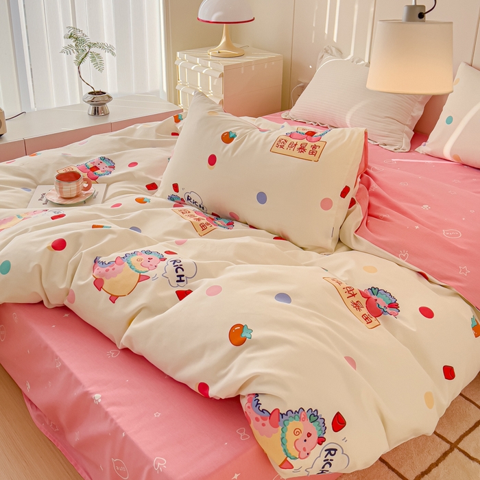 91家纺网 家纺一手货源 找家纺 感遇家纺 2024春夏新品全棉卡通印花四件套-第二批 发财龙