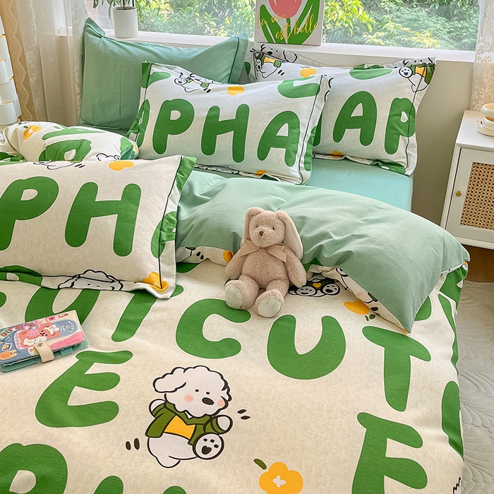 91家纺网 家纺一手货源 找家纺 宜家坊 2024新款ins小清新磨毛印花四件套 奶绿小狗( 有小三件套 )