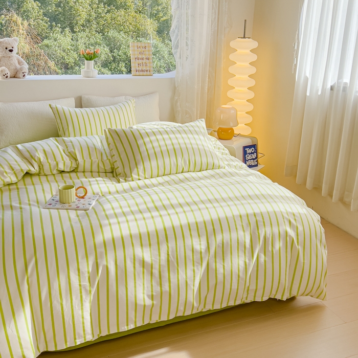 91家纺网 家纺一手货源 找家纺 感遇家纺 2024春夏新品全棉卡通印花四件套-第一批 抹茶条纹