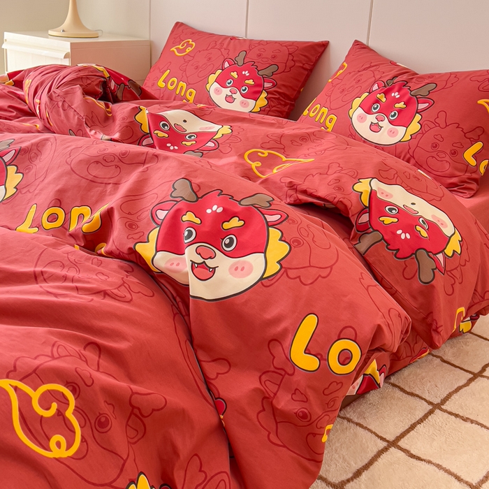 91家纺网 家纺一手货源 找家纺 感遇家纺 2024春夏新品全棉卡通印花四件套-第二批 喜庆龙