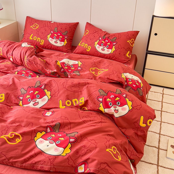 91家纺网 家纺一手货源 找家纺 感遇家纺 2024春夏新品全棉卡通印花四件套-第二批 喜庆龙