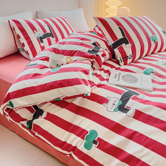 91家纺网 家纺一手货源 找家纺 感遇家纺 2024春夏新品全棉卡通印花四件套-第一批 红条夜猫