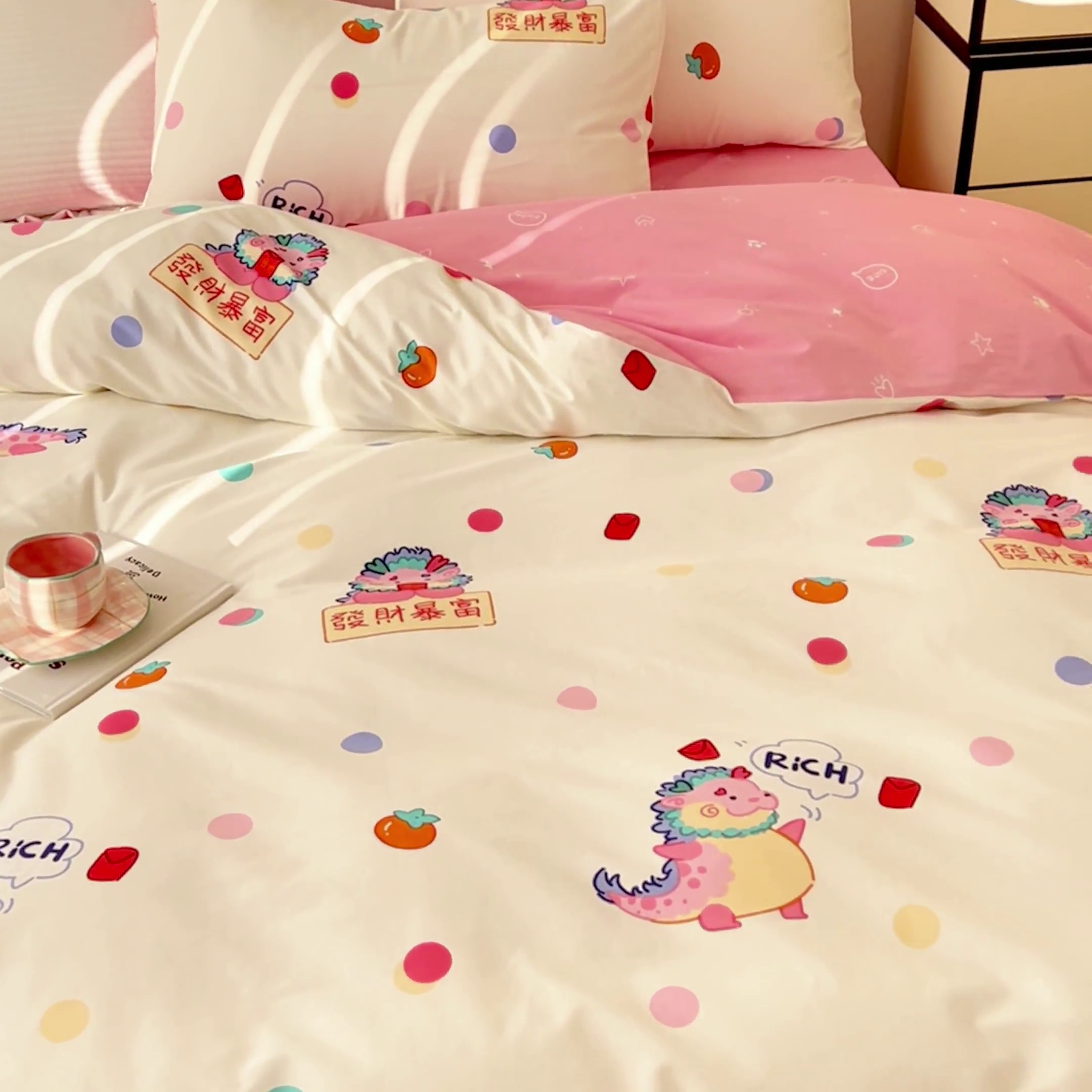 91家纺网 家纺一手货源 找家纺 感遇家纺 2024春夏新品全棉卡通印花四件套-第二批 发财龙