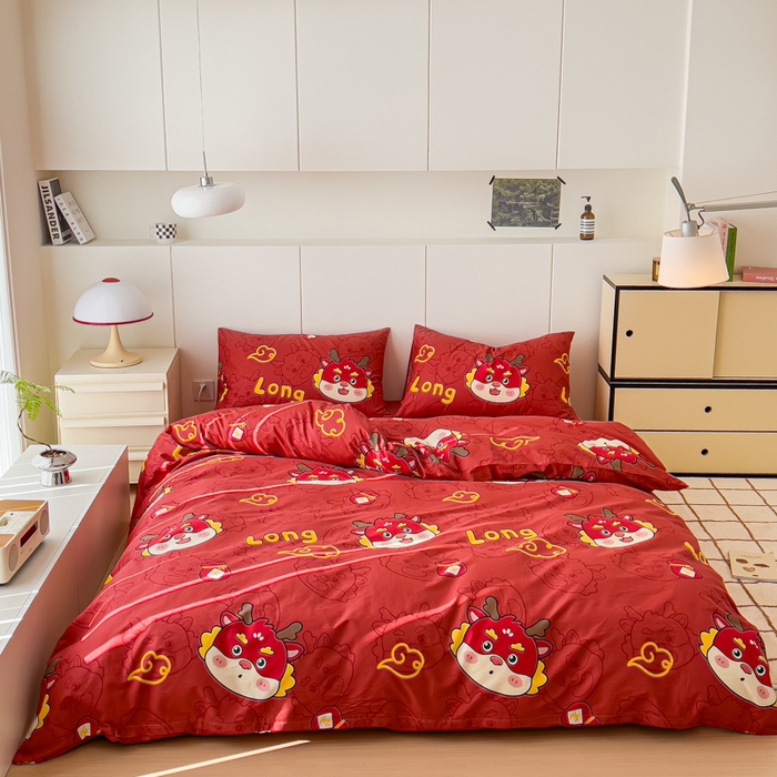 91家纺网 家纺一手货源 找家纺 感遇家纺 2024春夏新品全棉卡通印花四件套-第二批 喜庆龙