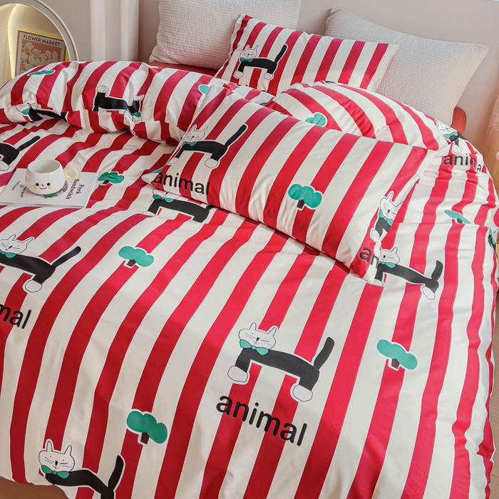 91家纺网 家纺一手货源 找家纺 感遇家纺 2024春夏新品全棉卡通印花四件套-第一批 红条夜猫