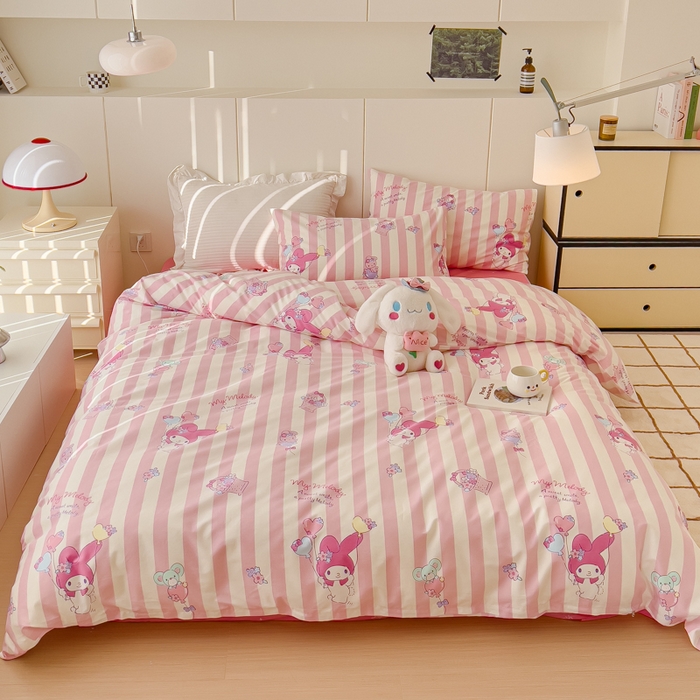 91家纺网 家纺一手货源 找家纺 感遇家纺 2024春夏新品全棉卡通印花四件套-第二批 条纹美乐蒂