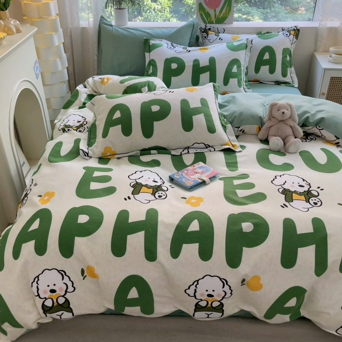 91家纺网 家纺一手货源 找家纺 宜家坊 2024新款ins小清新磨毛印花四件套 奶绿小狗( 有小三件套 )