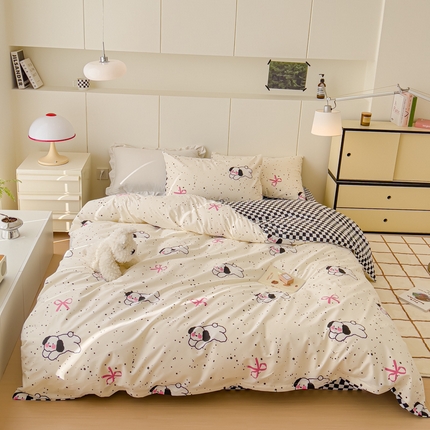 感遇家纺 2024春夏新品全棉卡通印花四件套-第二批 黑格小狗