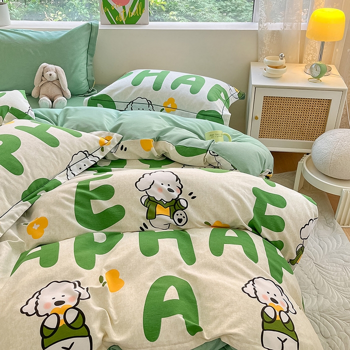 91家纺网 家纺一手货源 找家纺 宜家坊 2024新款ins小清新磨毛印花四件套 奶绿小狗( 有小三件套 )