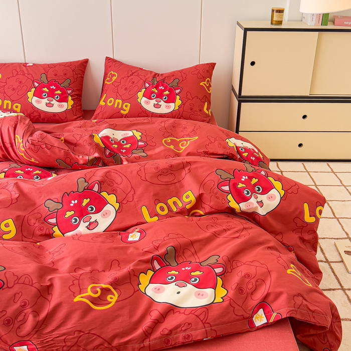 91家纺网 家纺一手货源 找家纺 感遇家纺 2024春夏新品全棉卡通印花四件套-第二批 喜庆龙