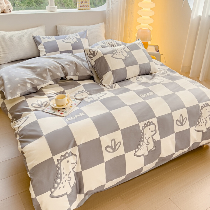 91家纺网 家纺一手货源 找家纺 感遇家纺 2024春夏新品全棉卡通印花四件套-第一批 格子恐龙