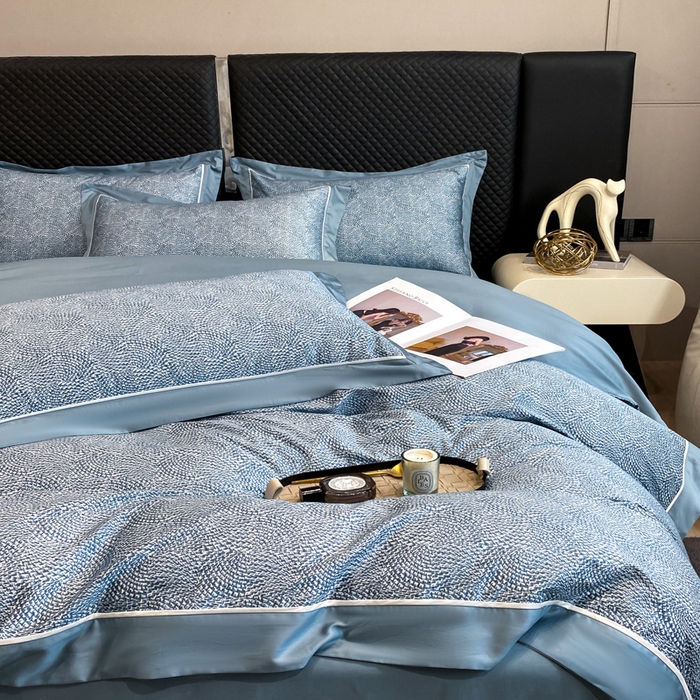 91家纺网 家纺一手货源 找家纺 魅都100s长绒棉数码印花大拼角轻奢四件套 蓝