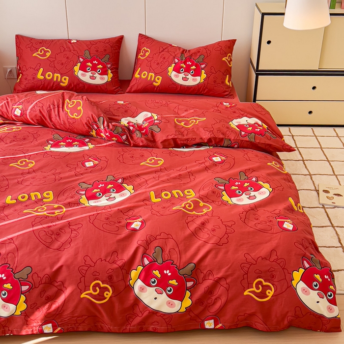 91家纺网 家纺一手货源 找家纺 感遇家纺 2024春夏新品全棉卡通印花四件套-第二批 喜庆龙