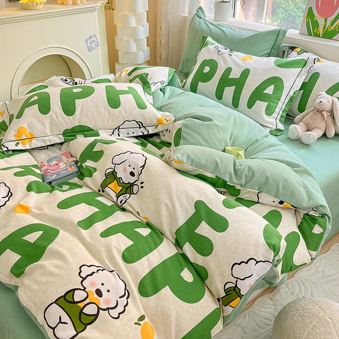 91家纺网 家纺一手货源 找家纺 宜家坊 2024新款ins小清新磨毛印花四件套 奶绿小狗( 有小三件套 )