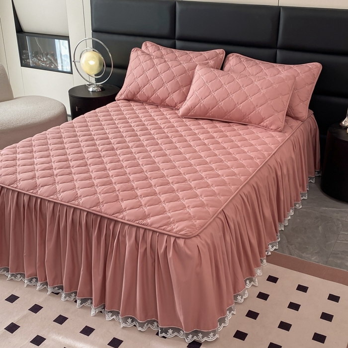 91家纺网 家纺一手货源 找家纺 笠裙家纺 2024新款A类原棉夹大豆棉加厚刺绣四叶草款系列床裙 四叶草-豆沙